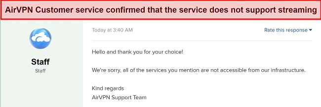 Screenshot confirming that Netflix, Hulu, Hulu Plus, HBO Max, and Amazon Prime Video are not supported by AirVPN