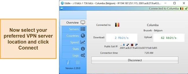 Screenshot of the AirVPN's connection interface