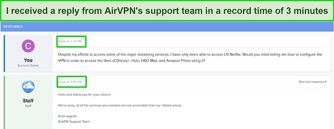 Screenshot of my correspondence with AirVPN's customer support