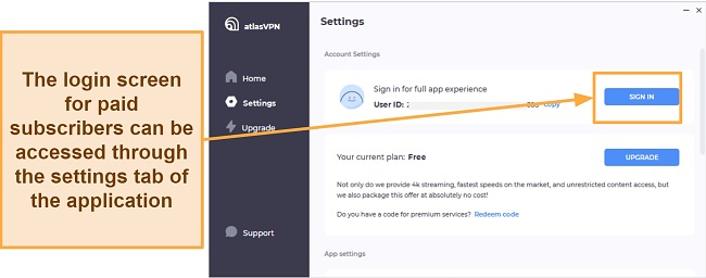 A screenshot showing how to log in with a premium Atlas VPN account