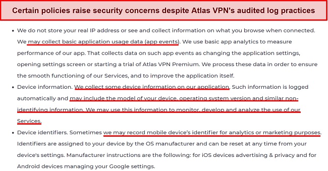 Screenshot of an excerpt from the Atlas VPN privacy statement