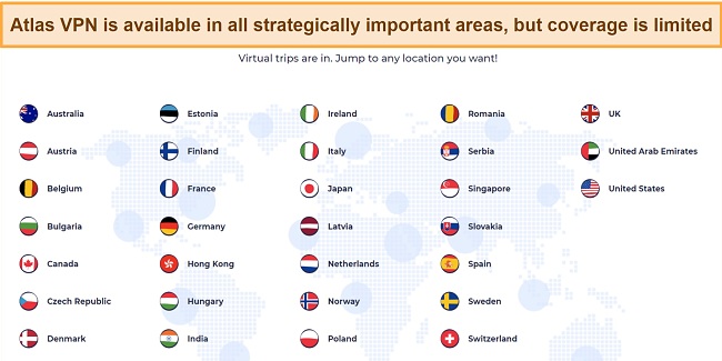 Screenshot of Atlas VPN servers in different countries