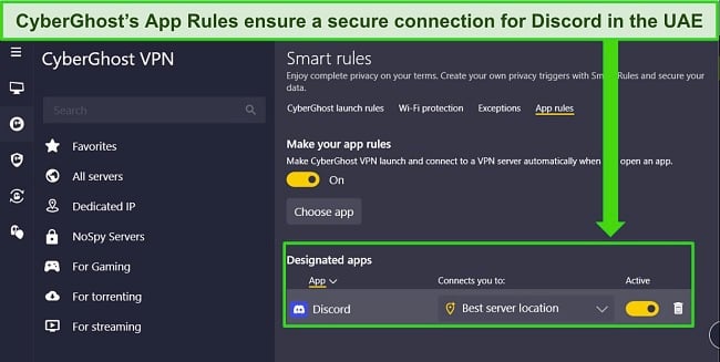 Screenshot of CyberGhost's Windows app showing the App Rules feature configured with Discord.