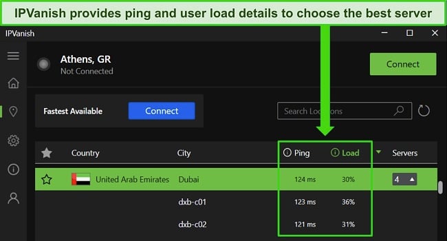 Screenshot of IPVanish's Windows app, highlighting the ping and user load details.