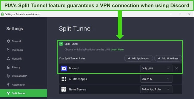 Screenshot of PIA's Windows app showing the Split Tunnel feature, with Discord configured to only open when the VPN is active.