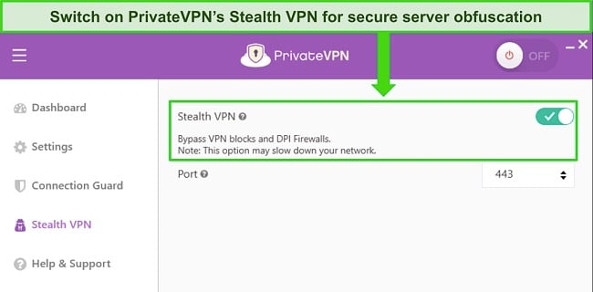 Screenshot of PrivateVPN's Windows app, showing the Stealth VPN feature toggled on.