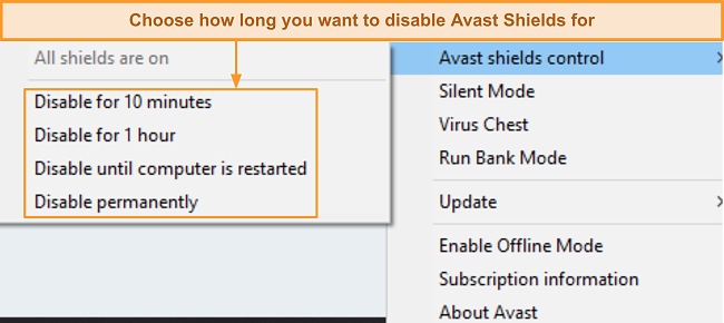 Captura de pantalla de deshabilitar todos los escudos de avast de la bandeja del sistema de Windows