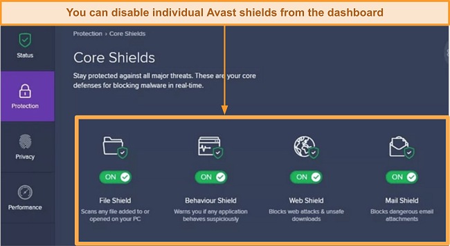 Captura de pantalla de cómo alternar los escudos de avast individuales desde el tablero