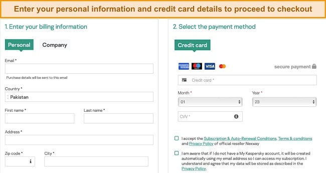 Screenshot of Kaspersky's checkout page