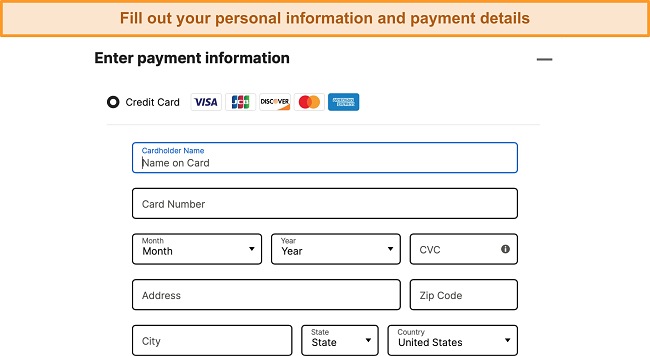 Screenshot of filling in personal information and payment credentials on Norton's checkout page