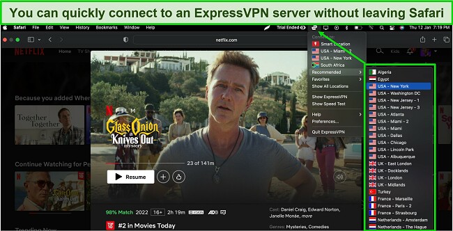 ExpressVPN is being operated from a dropdown menu while Netflix streams on Safari