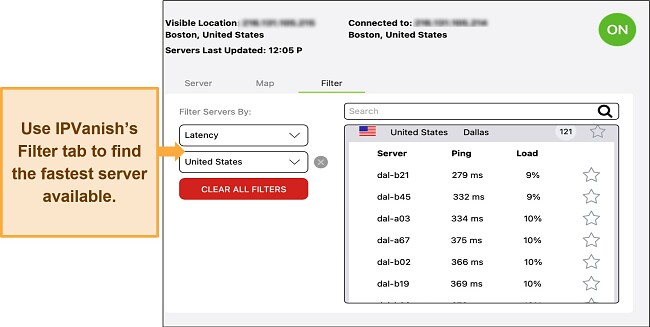 Screenshot of IPVanish's Filter tab with US servers displayed