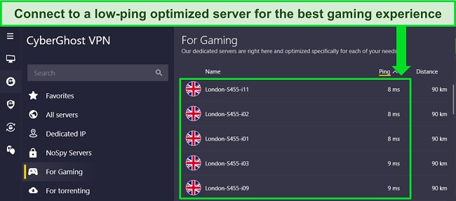 Screenshot of CyberGhost's Windows app, displaying and highlighting the optimized gaming servers menu.