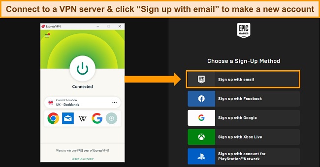 screenshot of ExpressVPN connected to a UK server, with the Epic Games account signup methods shown, highlighting the 