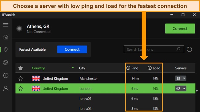 Screenshot of IPVanish's Windows app, showing the ping and load details for individual servers.
