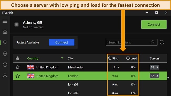 Screenshot of IPVanish's Windows app, showing the ping and load details for individual servers.