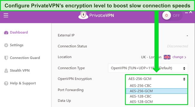 Screenshot of PrivateVPN's Windows app dashboard, showing the different encryption options for OpenVPN.