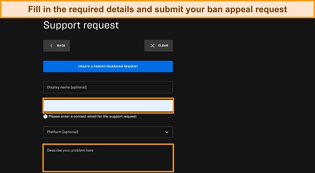 Screenshot of Epic Games' support site, highlighting the necessary details on the contact form to fill out to submit a ban appeal.