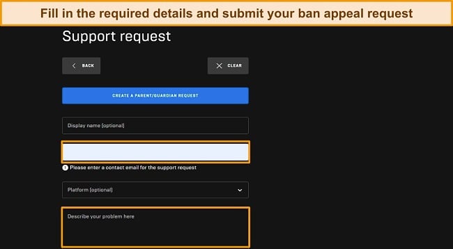 Screenshot of Epic Games' support site, highlighting the necessary details on the contact form to fill out to submit a ban appeal.