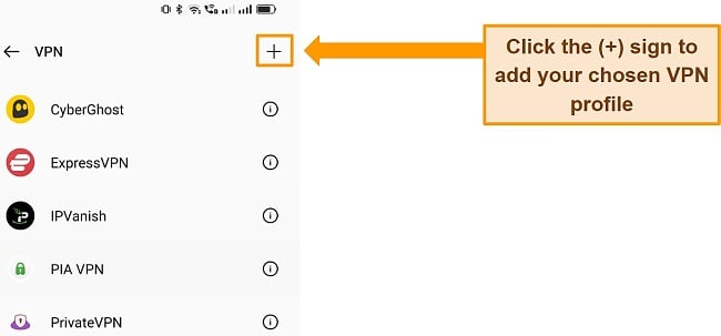 Screenshot showing options to add VPN in Android phone settings