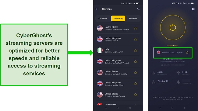 Screenshot of CyberGhost's Android interface showing streaming optimized servers
