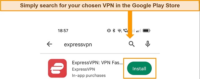 Screenshot of the Google Play Store search function searching for ExpressVPN