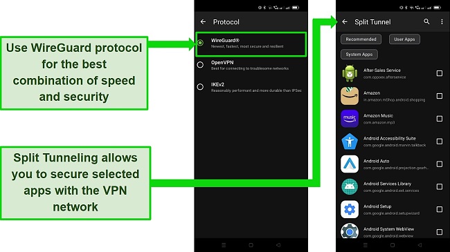 Screenshot showing IPVanish's protocol and split tunneling settings on Android