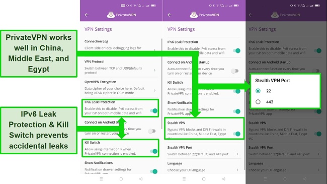 Screenshot of PrivateVPN's Android app interface with security features and Stealth VPN