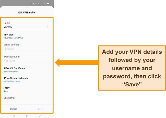 Screenshot showing how to add your VPN to your Android device