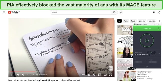 Screenshot of YouTube playing a video with PIA connected to a London-UK server, with no ads on the video.