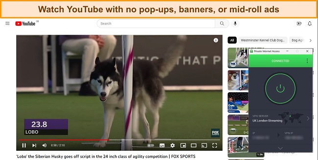 Screenshot of YouTube video playing with no mid-roll ads, banner ads, or pop-ups with PIA connected to a London-UK streaming server.
