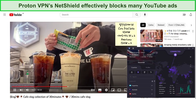 Screenshot of YouTube playing a video with Proton VPN connected to a London UK server, with no ads.