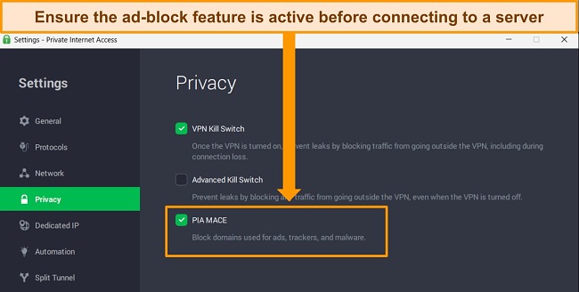 Screenshot of PIA's Windows app, showing the MACE ad-block feature switched on.