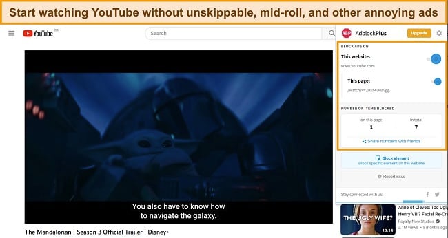 Mandalorian season 3 trailer playing with Adblock Plus active on YouTube.