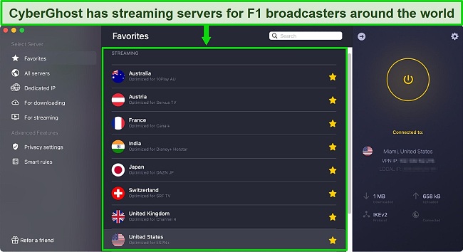 Screenshot of CyberGhost app showing streaming-optimized servers for official F1 Grand Prix race broadcasters