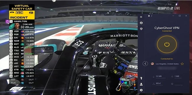 Skärmdump av F1 Grand Prix-lopp som streamas på ESPN2 Live, Sling TV medan CyberGhost är ansluten till en server i Los Angeles, USA