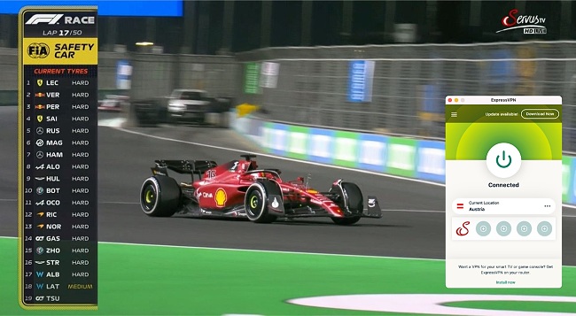 Screenshot of F1 Grand Prix race streaming on ServusTV while ExpressVPN is connected to a server in Austria