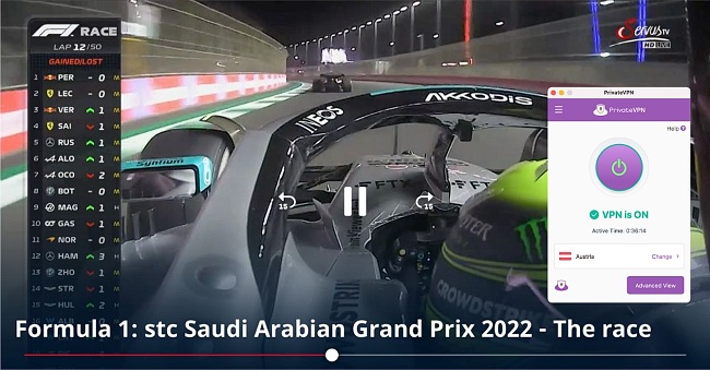 Screenshot of F1 Grand Prix race streaming on ServusTV while PrivateVPN is connected to a server in Austria
