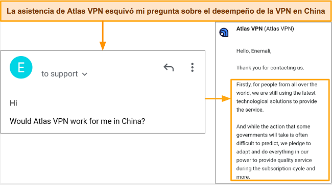 Captura de pantalla de mi interacción con el servicio de atención al cliente de Atlas VPN con respecto a China