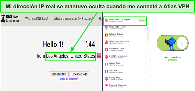 Captura de pantalla que muestra Sin fugas de dirección IP cuando se conecta a servidores Atlas VPN