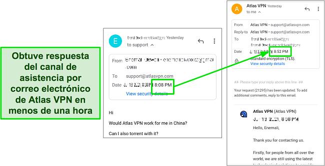 Captura de pantalla de mi intercambio de correo electrónico con el servicio de atención al cliente de Atlas VPN