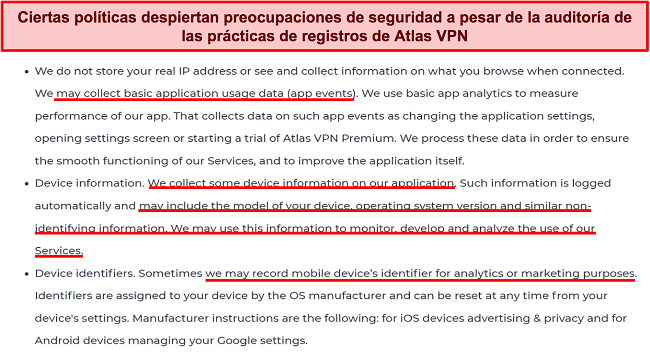 Captura de pantalla de un extracto de la declaración de privacidad de Atlas VPN