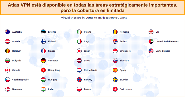 Captura de pantalla de servidores Atlas VPN en diferentes países