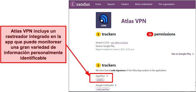 Captura de pantalla que muestra que Atlas VPN tiene rastreadores instalados en sus aplicaciones