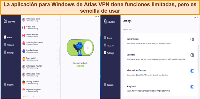 Captura de pantalla que muestra la interfaz de usuario de la aplicación Atlas VPN para Windows