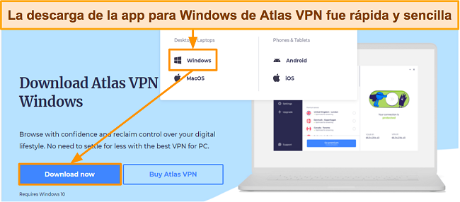 Una captura de pantalla que muestra el botón de descarga en el sitio web de Atlas VPN
