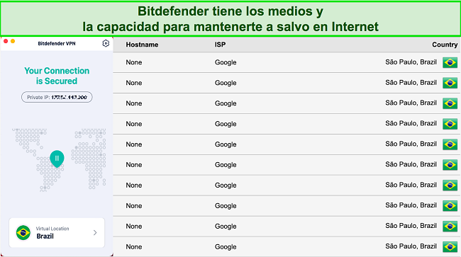 Captura de pantalla de la prueba de fugas de IP/DNS en Bitdefender VPN