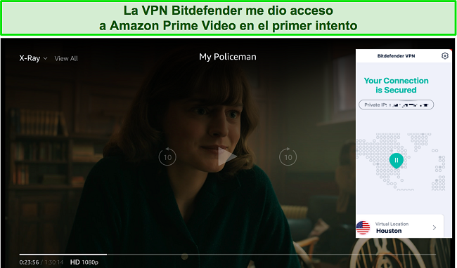 Captura de pantalla de Bitdefender VPN desbloqueando Amazon Prime Video