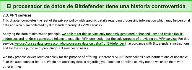 Captura de pantalla de lo que dice la política de privacidad de Bitdefender VPN sobre la recopilación de datos