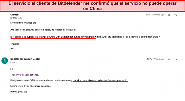 Captura de pantalla de mi interacción con el soporte de Bitdefender que confirma que el servicio no se puede utilizar en China